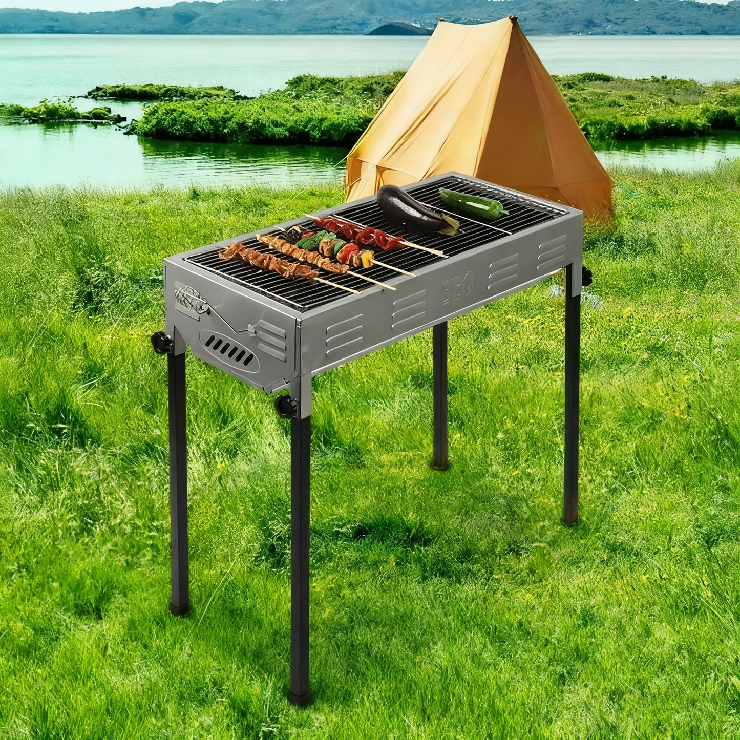 Multi-Functional Portable Outdoor Charcoal BBQ Grill with Adjustable Height and Non-Stick Grilling Rack, 5+ People, Black / Silver