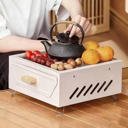 Multi-Functional Portable Outdoor BBQ Grill with Grilling Rack, Square Fire Pit, Black / White