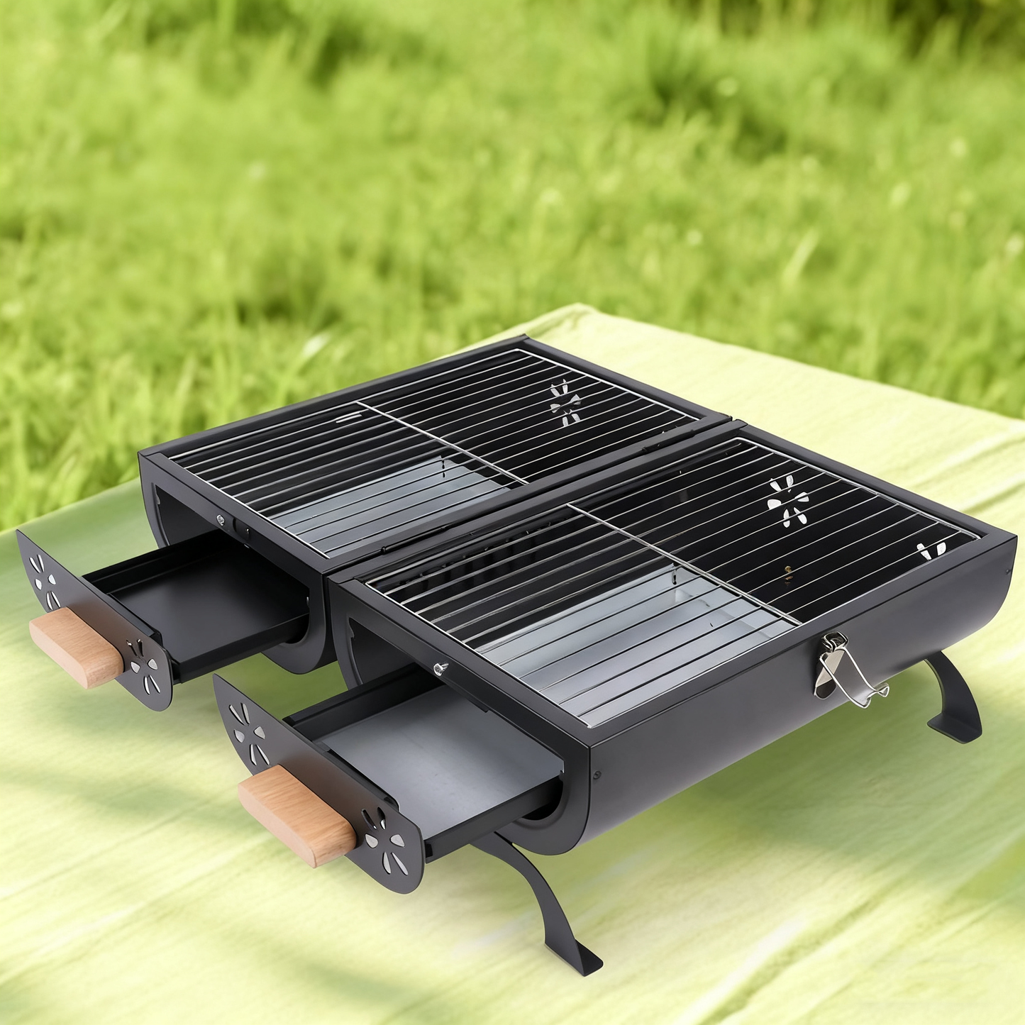 Multi-Functional Portable Outdoor Charcoal BBQ Grill with Grilling Rack, Foldable Design, Black / White