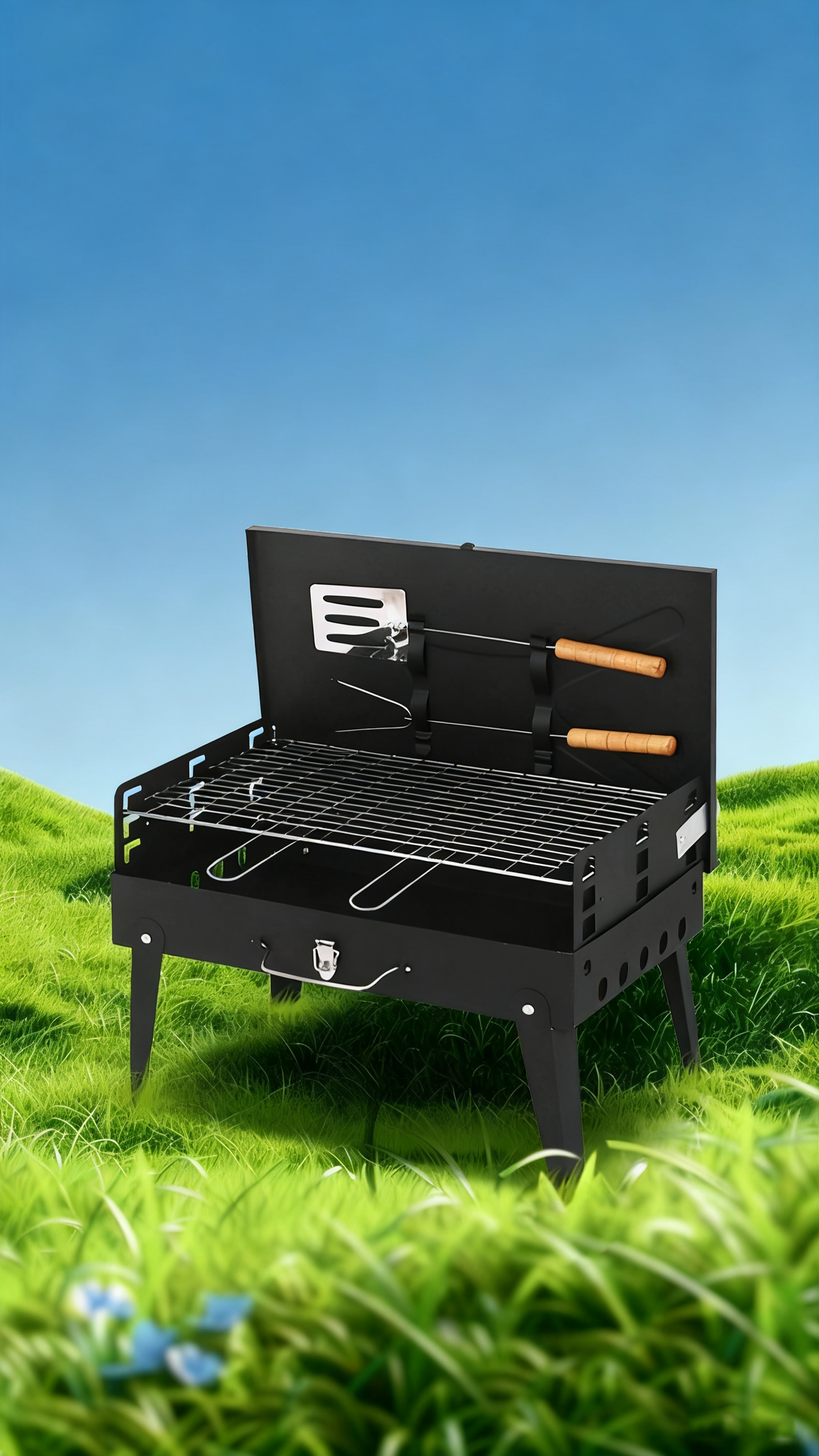 Portable Foldable Outdoor Charcoal BBQ Grill with Built-in Toolbox and Grilling Rack, Black / Red