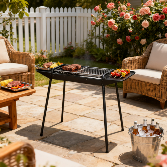 Multi-Functional Portable Outdoor Charcoal BBQ Grill with Grilling Rack, Foldable Fire Pit, Black / White