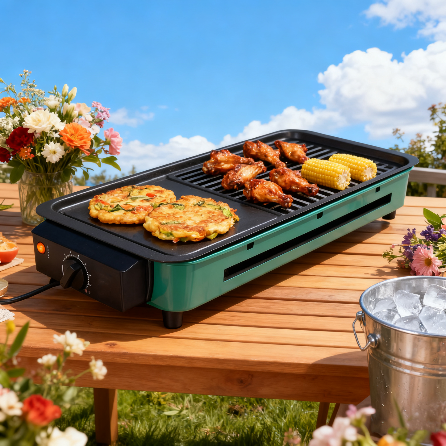 Smokeless Electric Grill with Wavy Plate, 1500W, 7L Capacity, Black / Green