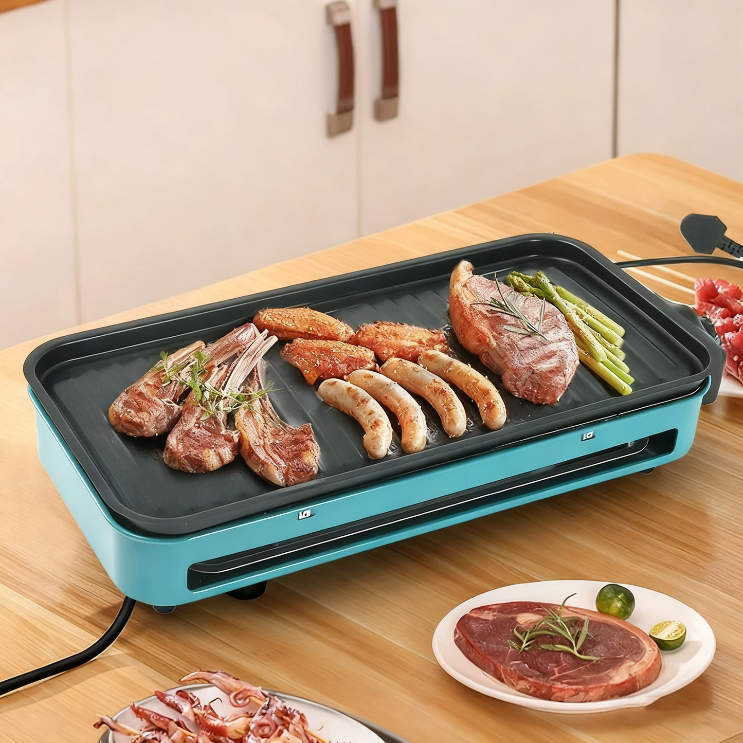 Multi-Functional Electric Grill with Automatic Temperature Control, 1350W, 4–5 People, Blue / Pink