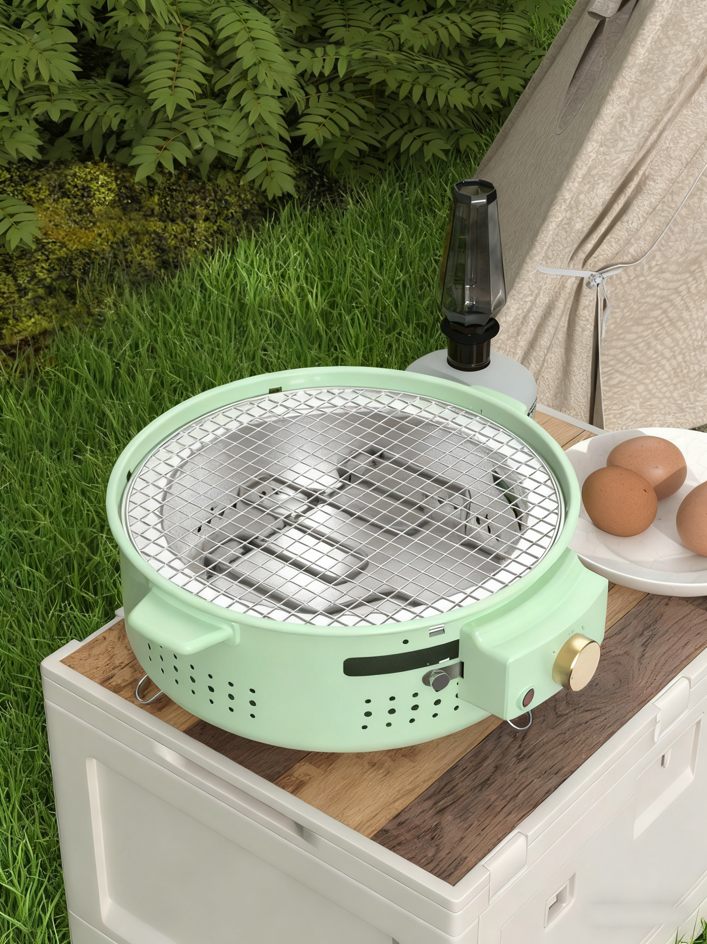 Multi-Functional Portable Round Electric Grill with Grilling Rack, 1300W, 3–5 People, Green / Orange