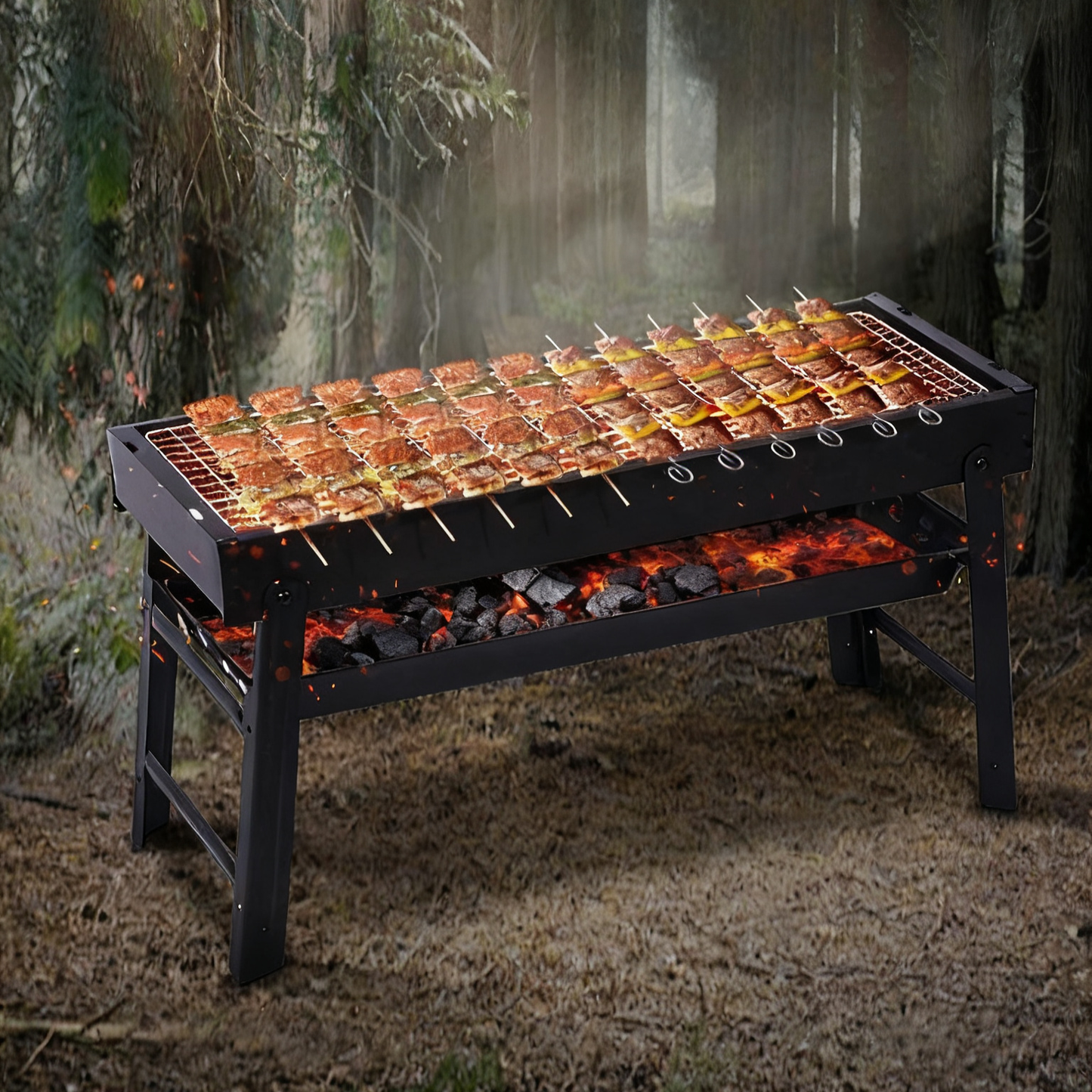 Multi-Functional Portable Foldable Outdoor Charcoal BBQ Grill with Removable Grilling Rack, 3–5 People, Black / White