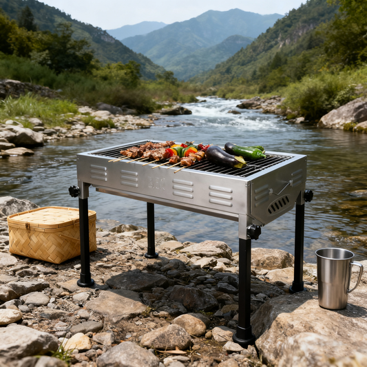 Multi-Functional Portable Outdoor Charcoal BBQ Grill with Adjustable Height and Non-Stick Grilling Rack, 5+ People, Black / Silver