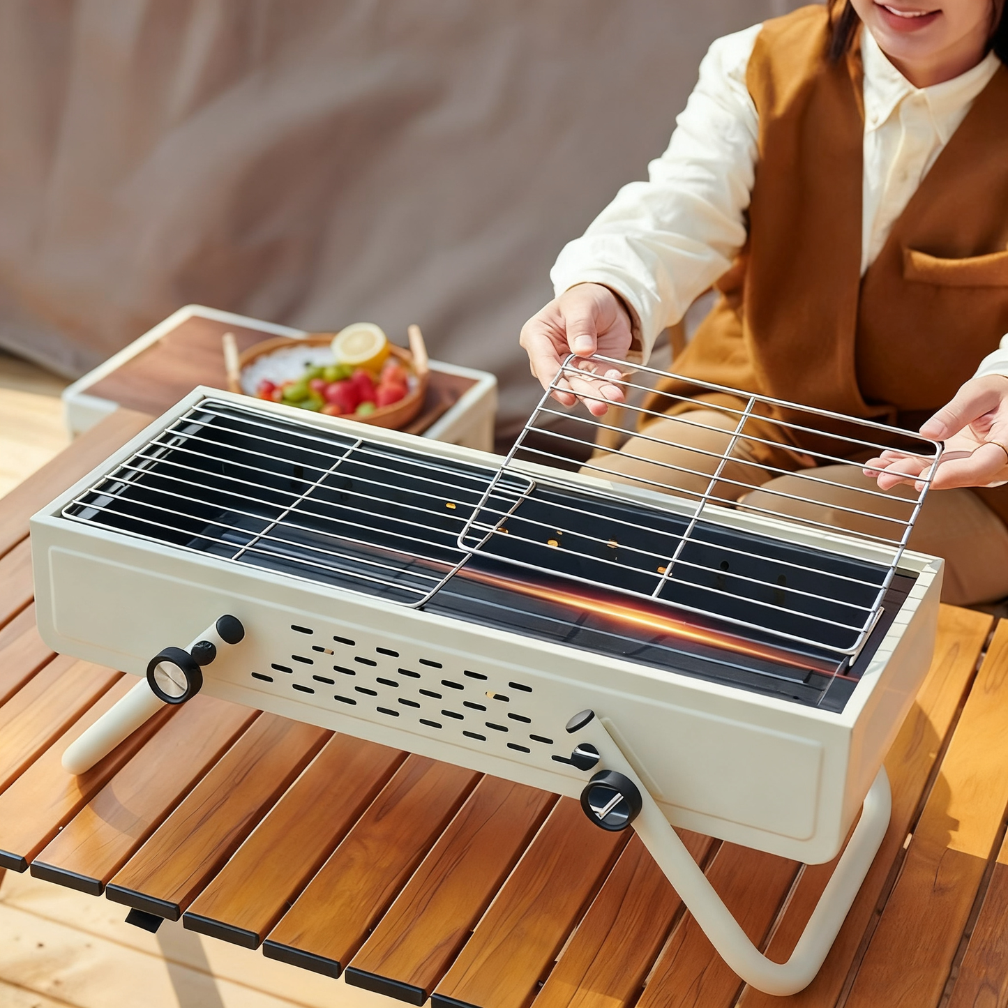 Portable Foldable Outdoor Charcoal BBQ Grill with Grilling Rack, 3–5 People, Black / White