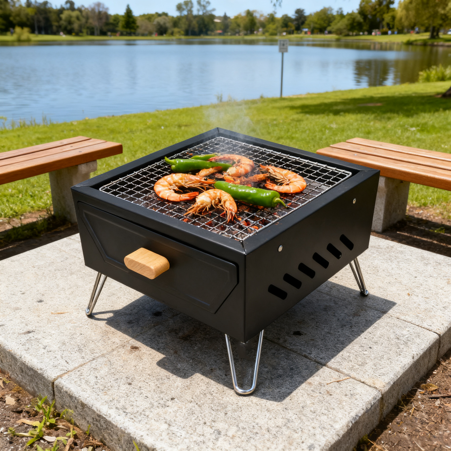 Multi-Functional Portable Outdoor BBQ Grill with Grilling Rack, Square Fire Pit, Black / White