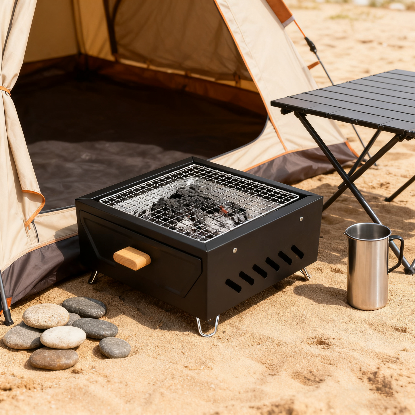 Multi-Functional Portable Outdoor BBQ Grill with Grilling Rack, Square Fire Pit, Black / White