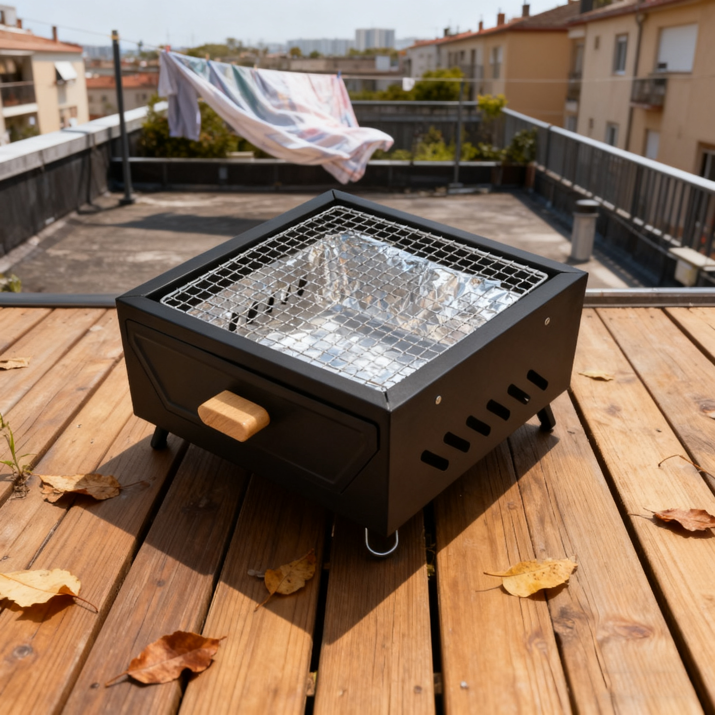 Multi-Functional Portable Outdoor BBQ Grill with Grilling Rack, Square Fire Pit, Black / White