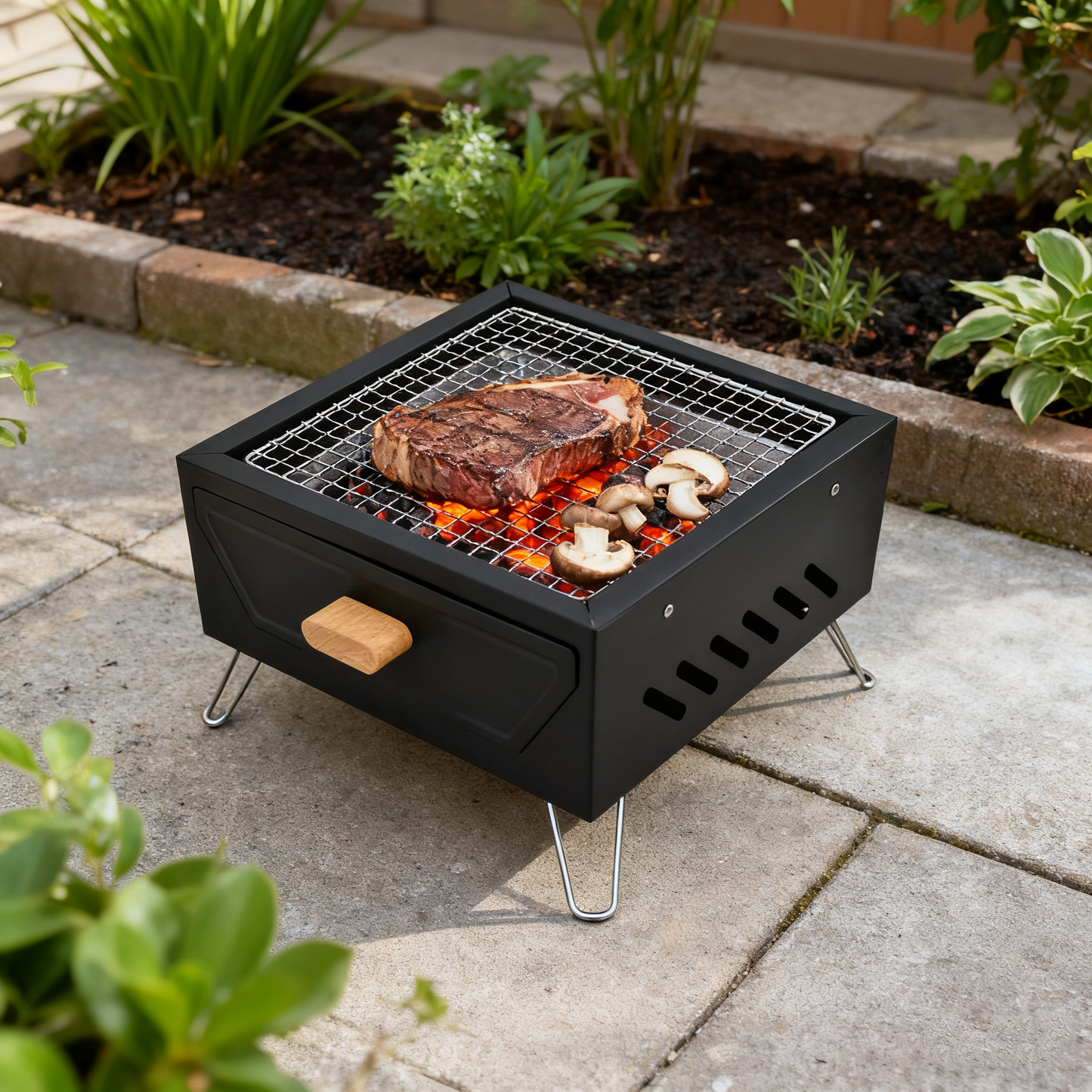 Multi-Functional Portable Outdoor BBQ Grill with Grilling Rack, Square Fire Pit, Black / White