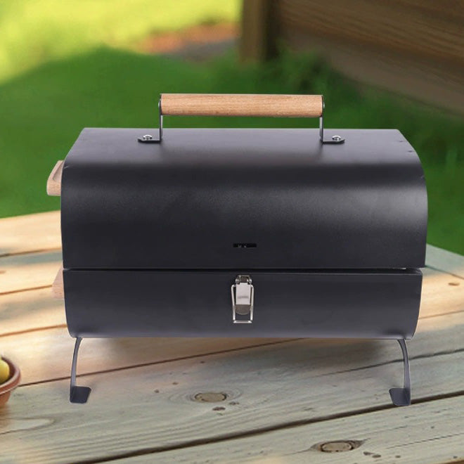 Multi-Functional Portable Outdoor Charcoal BBQ Grill with Grilling Rack, Foldable Design, Black / White