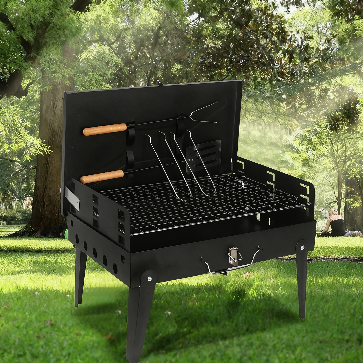 Portable Foldable Outdoor Charcoal BBQ Grill with Built-in Toolbox and Grilling Rack, Black / Red