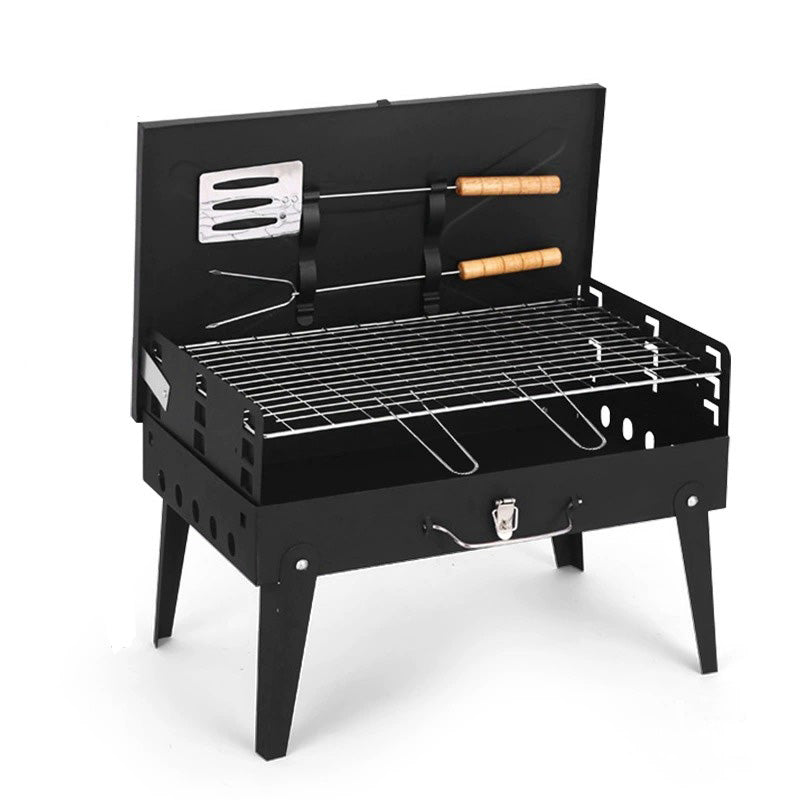 Portable Foldable Outdoor Charcoal BBQ Grill with Built-in Toolbox and Grilling Rack, Black / Red