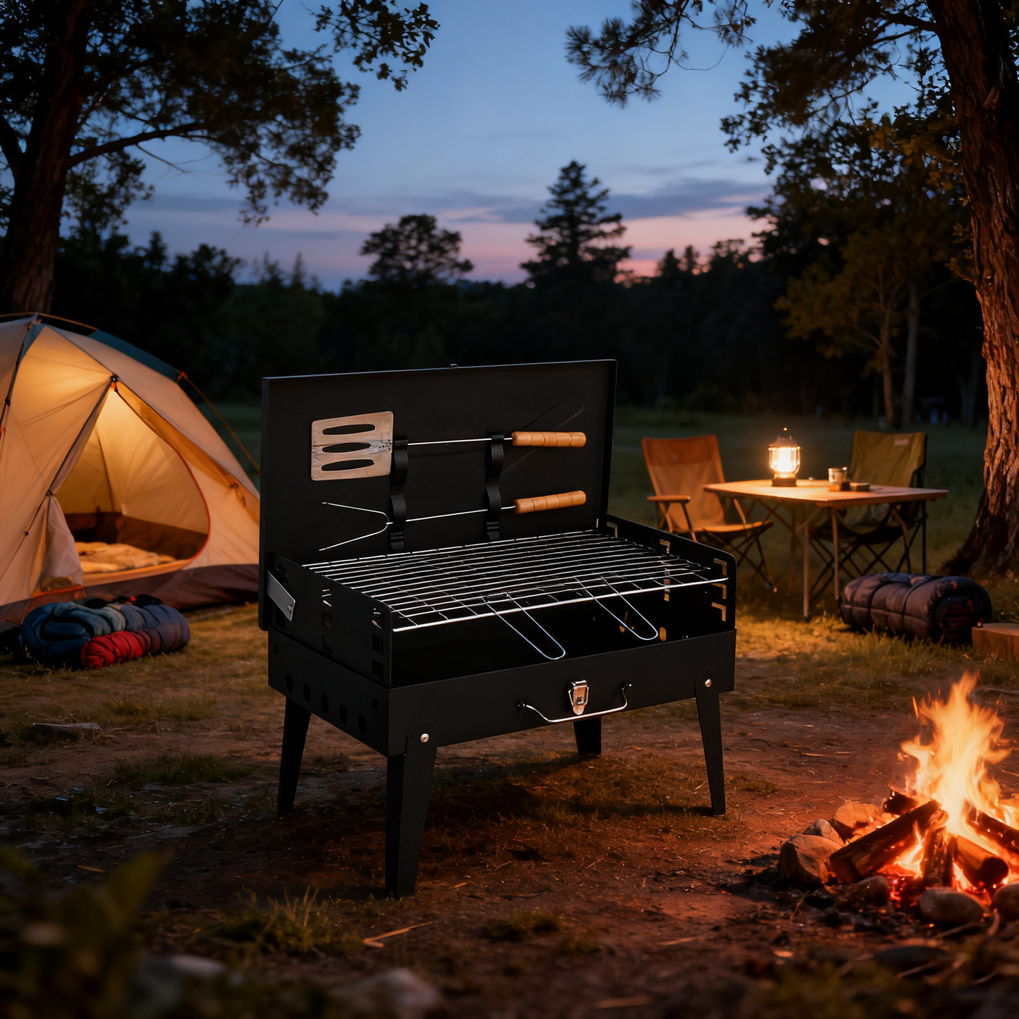 Portable Foldable Outdoor Charcoal BBQ Grill with Built-in Toolbox and Grilling Rack, Black / Red