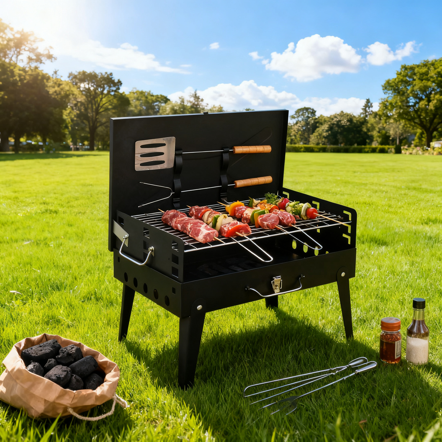 Portable Foldable Outdoor Charcoal BBQ Grill with Built-in Toolbox and Grilling Rack, Black / Red