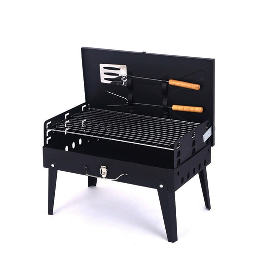 Portable Foldable Outdoor Charcoal BBQ Grill with Built-in Toolbox and Grilling Rack, Black / Red