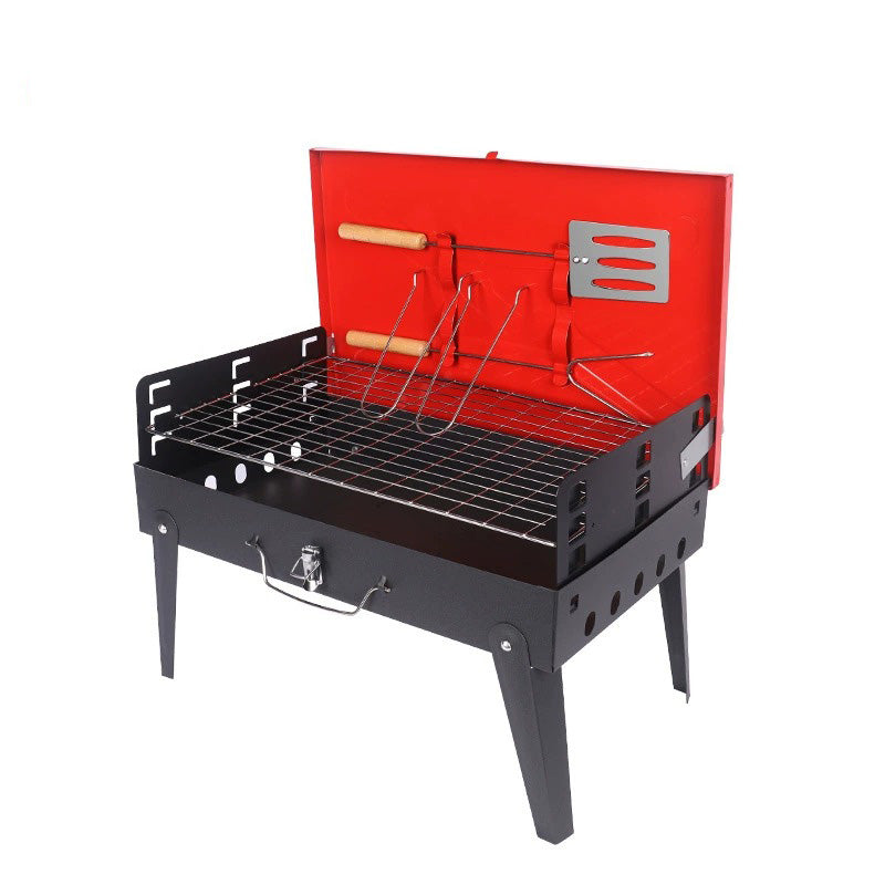 Portable Foldable Outdoor Charcoal BBQ Grill with Built-in Toolbox and Grilling Rack, Black / Red