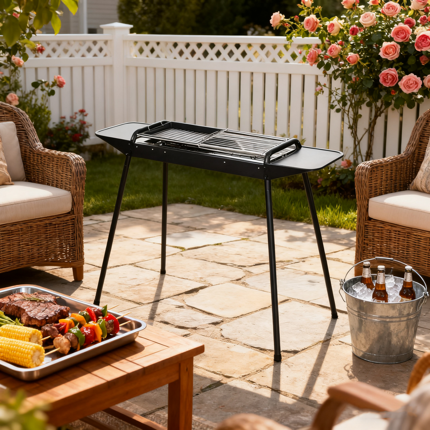 Multi-Functional Portable Outdoor Charcoal BBQ Grill with Grilling Rack, Foldable Fire Pit, Black / White