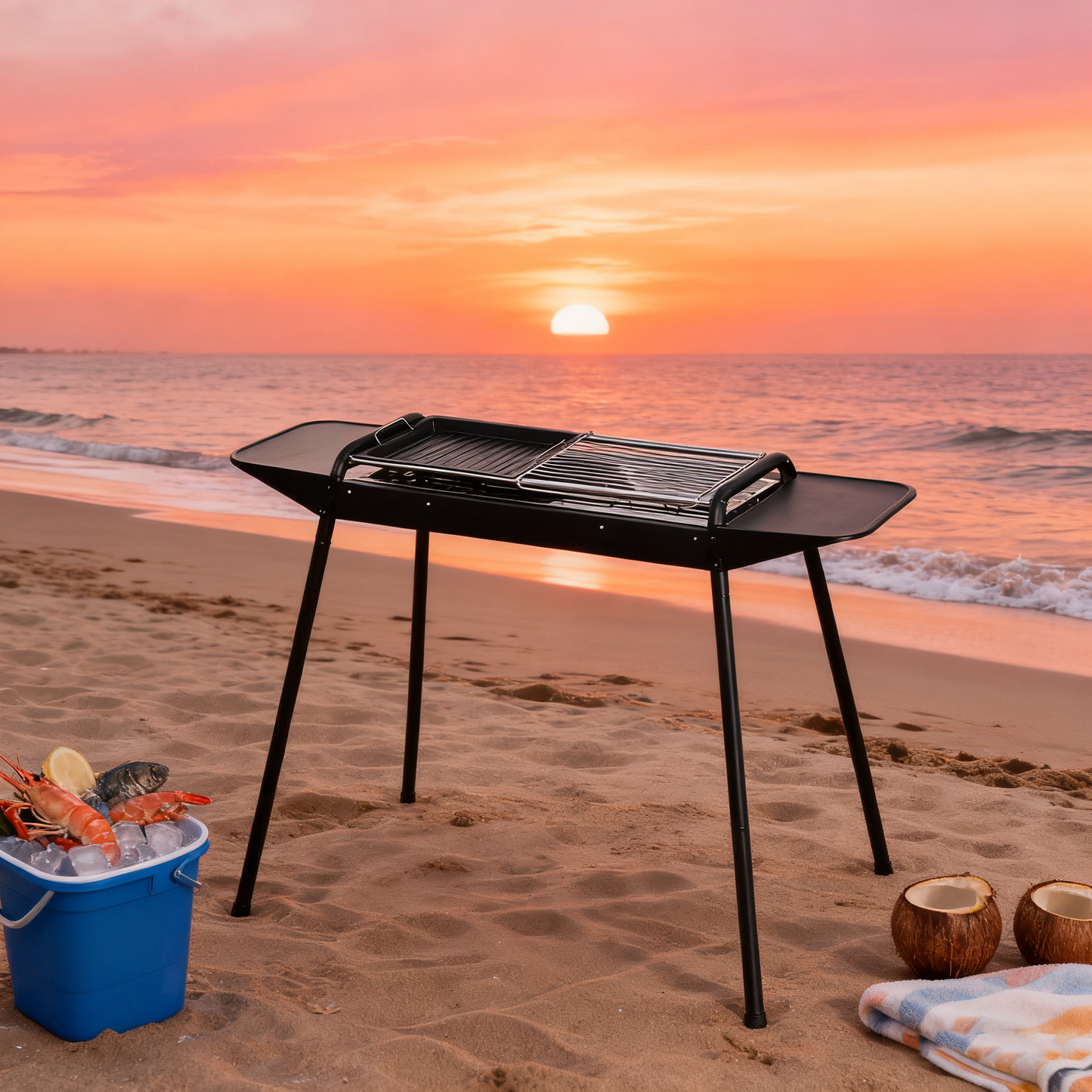 Multi-Functional Portable Outdoor Charcoal BBQ Grill with Grilling Rack, Foldable Fire Pit, Black / White