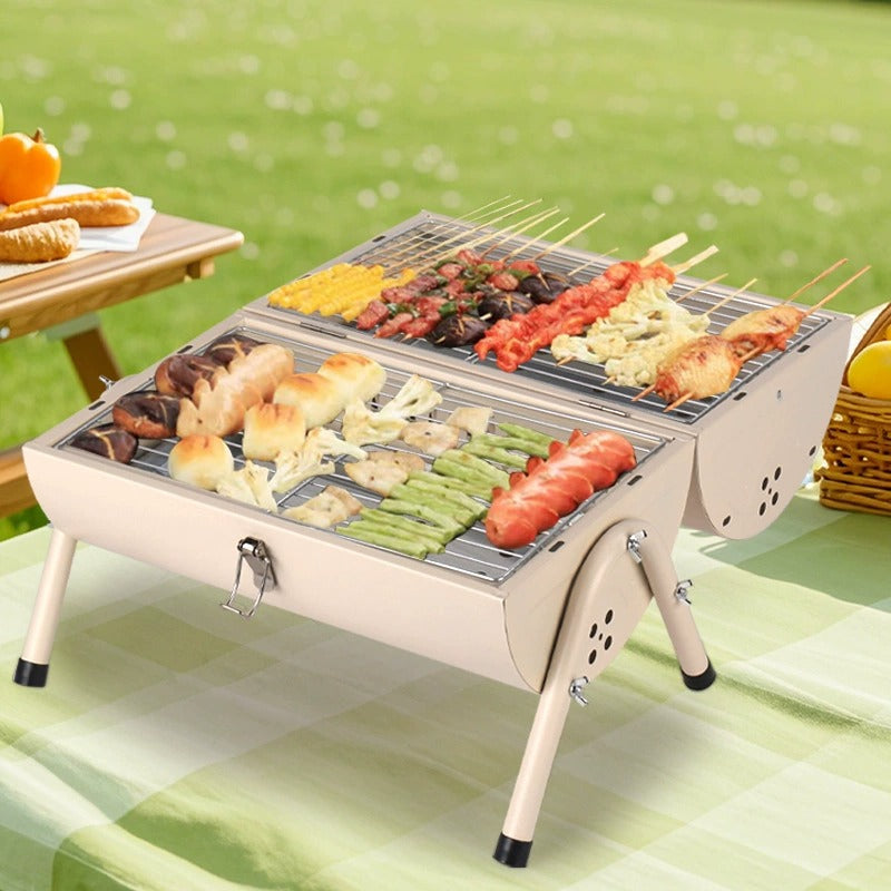 Multi-Functional Portable Outdoor Charcoal BBQ Grill with Double-Sided Grilling Rack, Foldable Design, 5+ People, Black / White