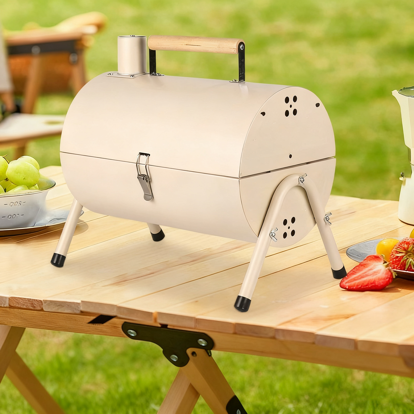 Multi-Functional Portable Outdoor Charcoal BBQ Grill with Double-Sided Grilling Rack, Foldable Design, 5+ People, Black / White