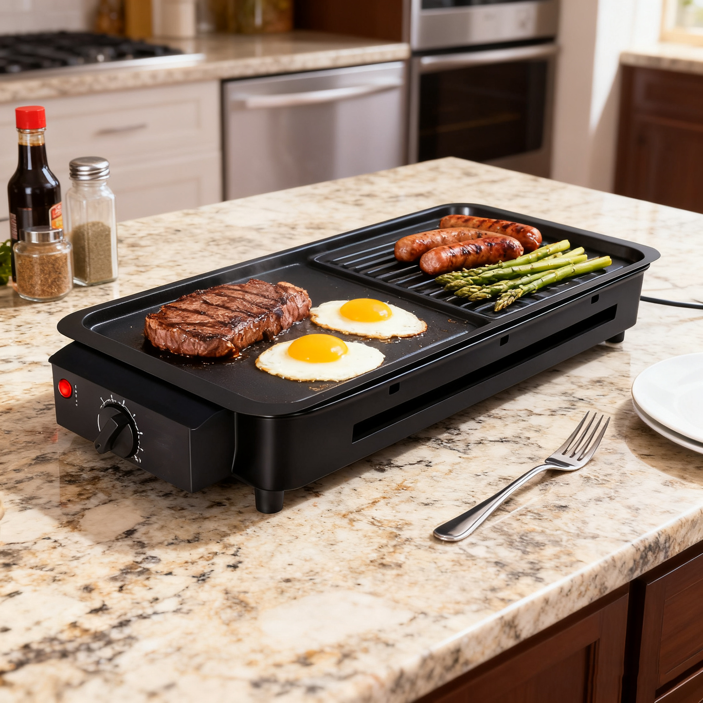 Smokeless Electric Grill with Wavy Plate, 1500W, 7L Capacity, Black / Green