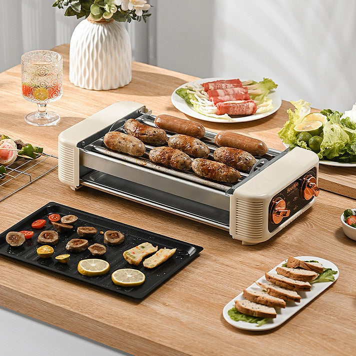 Smokeless Electric Grill with Flat Plate and Temperature Control, 800–1200W, 6+ People, Black / White