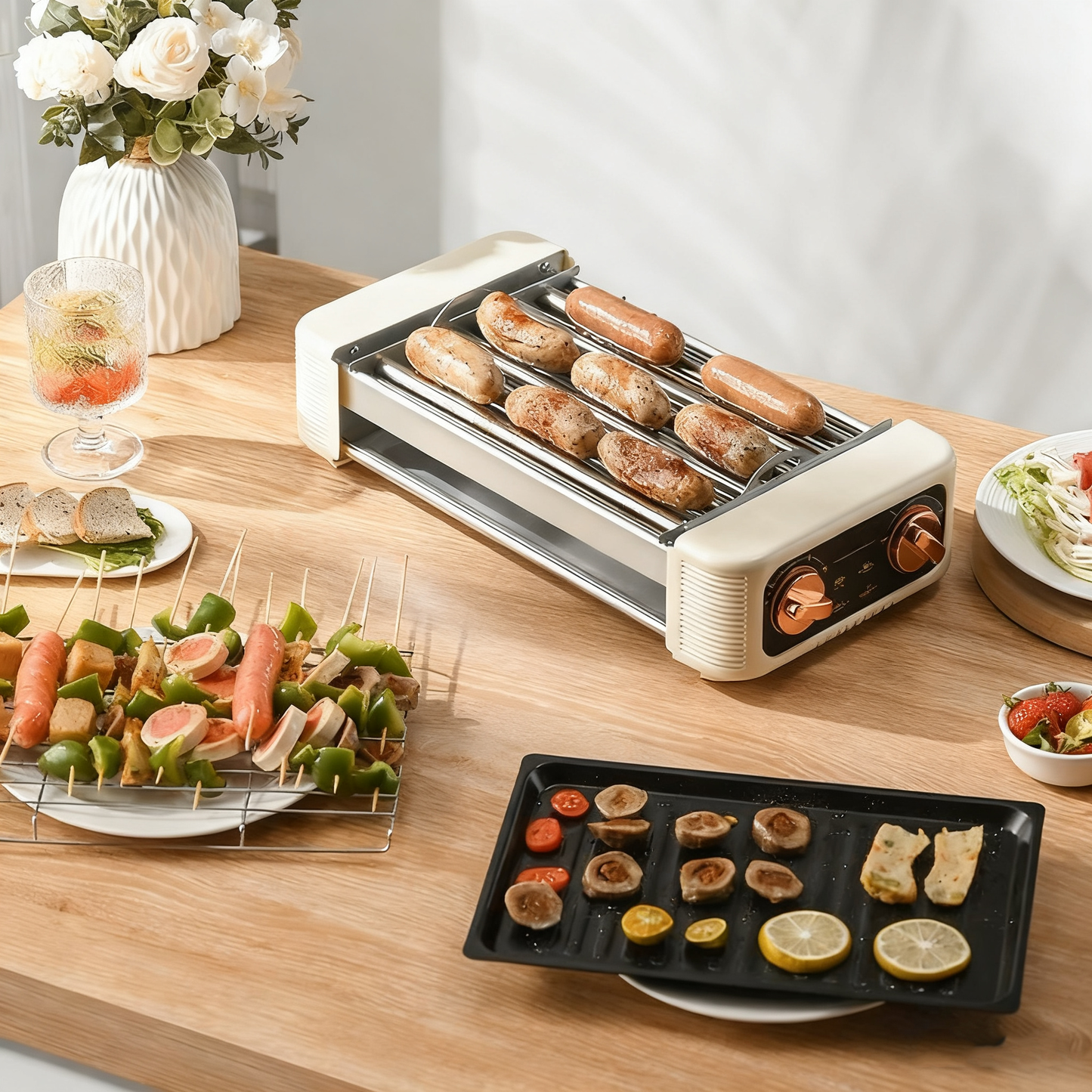 Smokeless Electric Grill with Flat Plate and Temperature Control, 800–1200W, 6+ People, Black / White