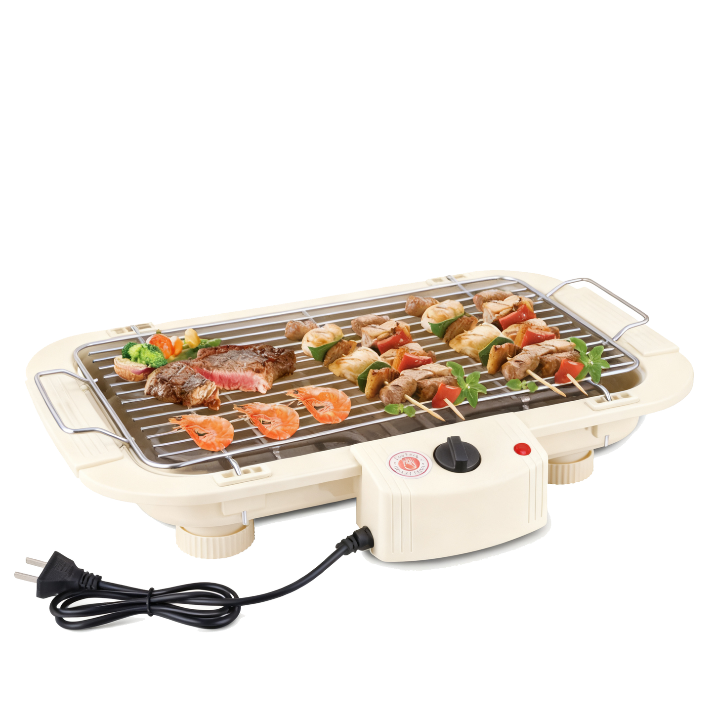 Electric Grill with Flat Plate and Roasting Rack, 2000W, 4–5 People, Black / White