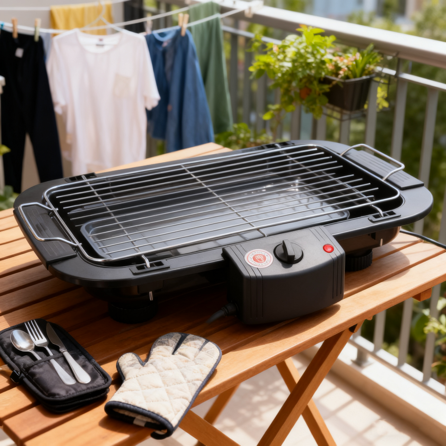 Electric Grill with Flat Plate and Roasting Rack, 2000W, 4–5 People, Black / White