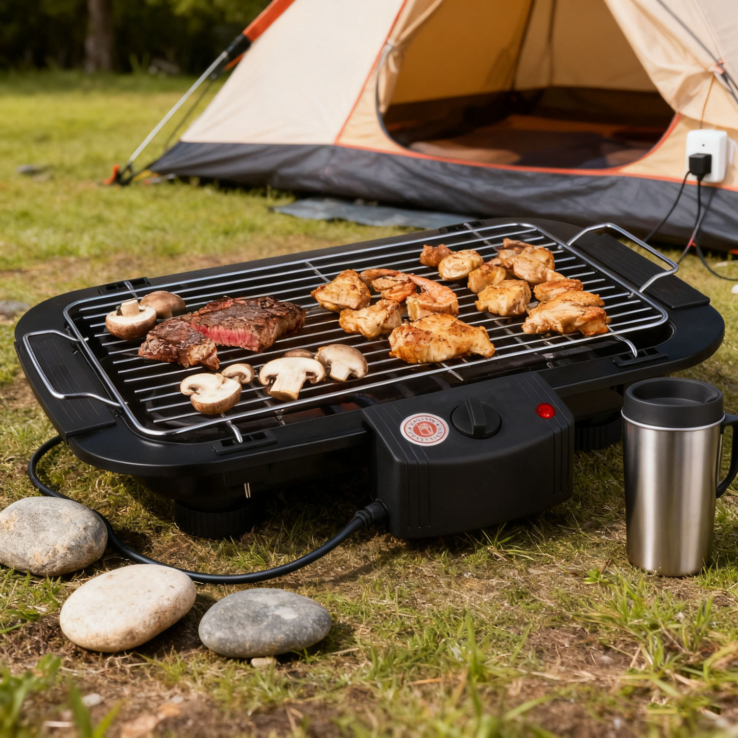 Electric Grill with Flat Plate and Roasting Rack, 2000W, 4–5 People, Black / White