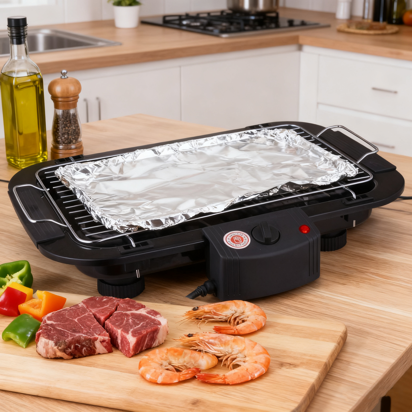 Electric Grill with Flat Plate and Roasting Rack, 2000W, 4–5 People, Black / White