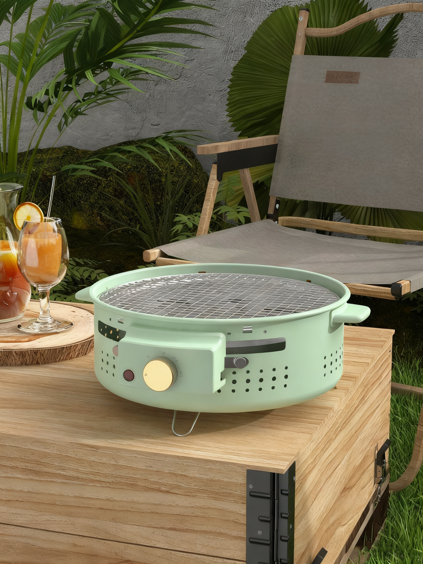 Multi-Functional Portable Round Electric Grill with Grilling Rack, 1300W, 3–5 People, Green / Orange