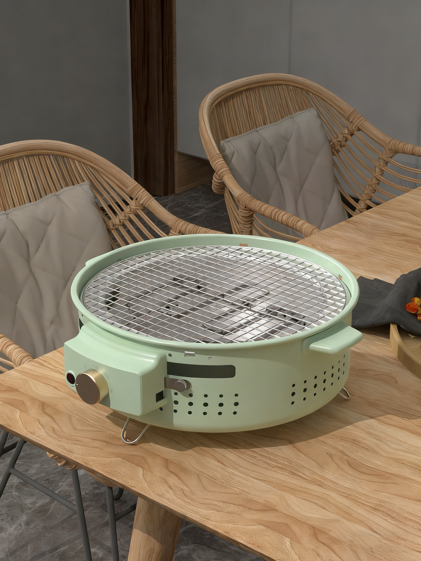 Multi-Functional Portable Round Electric Grill with Grilling Rack, 1300W, 3–5 People, Green / Orange