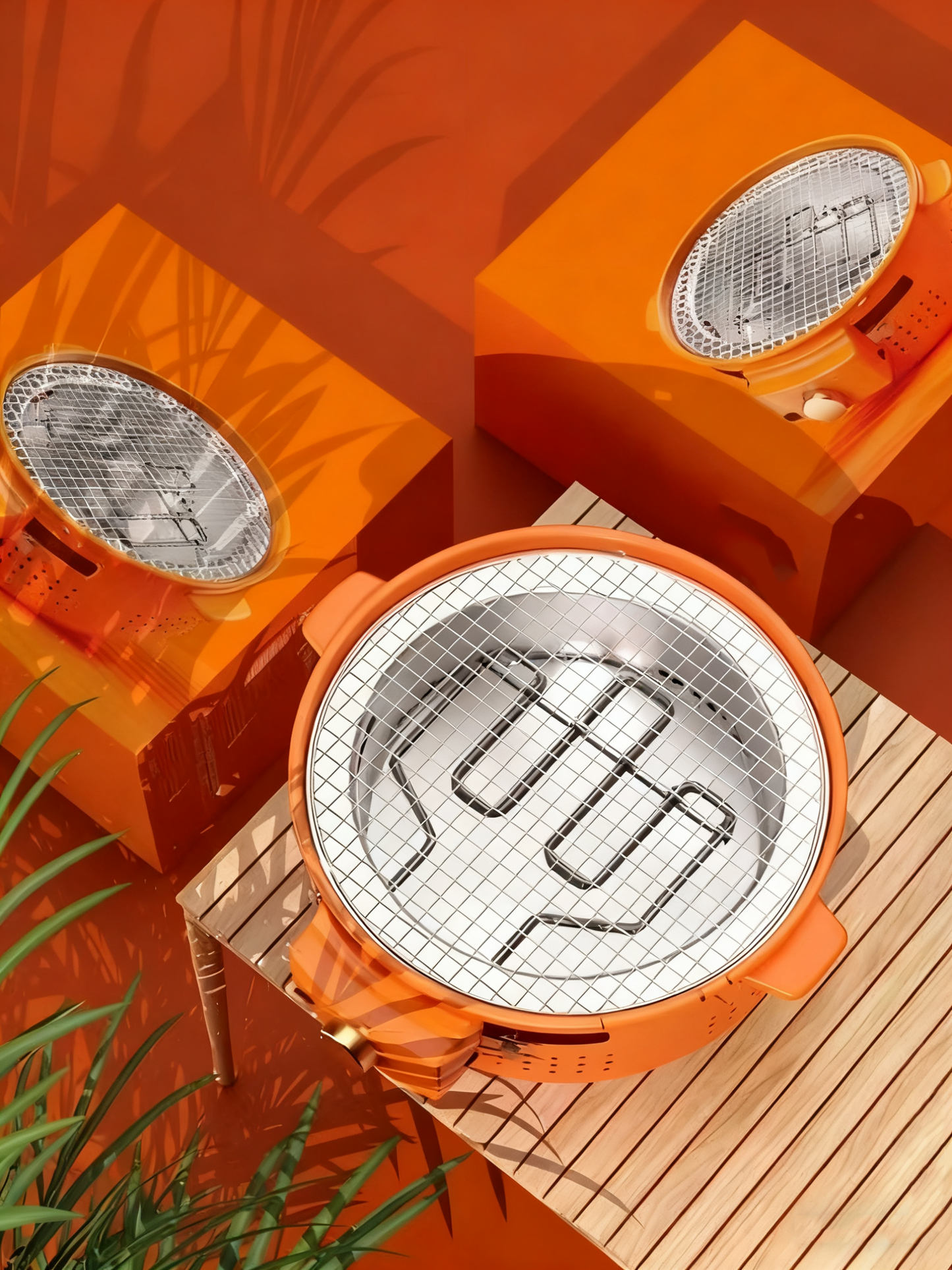 Multi-Functional Portable Round Electric Grill with Grilling Rack, 1300W, 3–5 People, Green / Orange