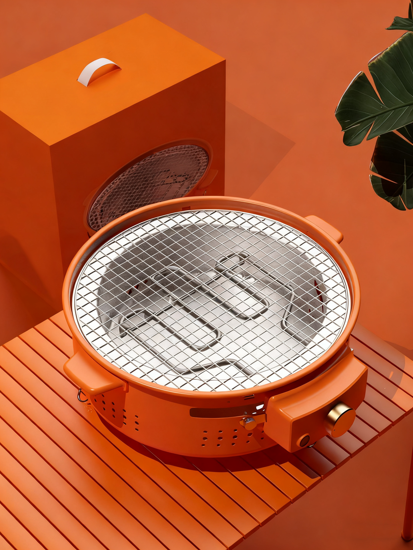 Multi-Functional Portable Round Electric Grill with Grilling Rack, 1300W, 3–5 People, Green / Orange