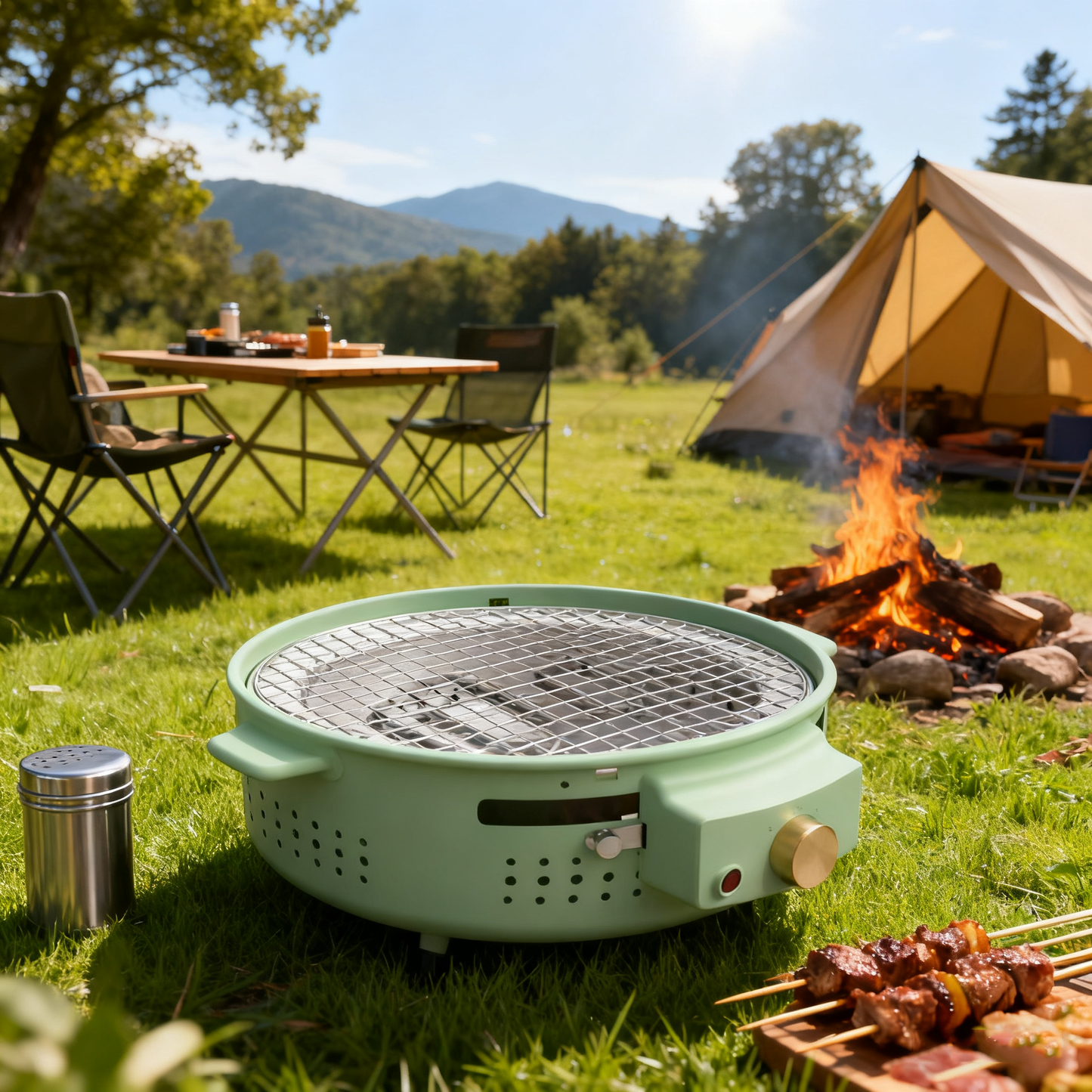 Multi-Functional Portable Round Electric Grill with Grilling Rack, 1300W, 3–5 People, Green / Orange