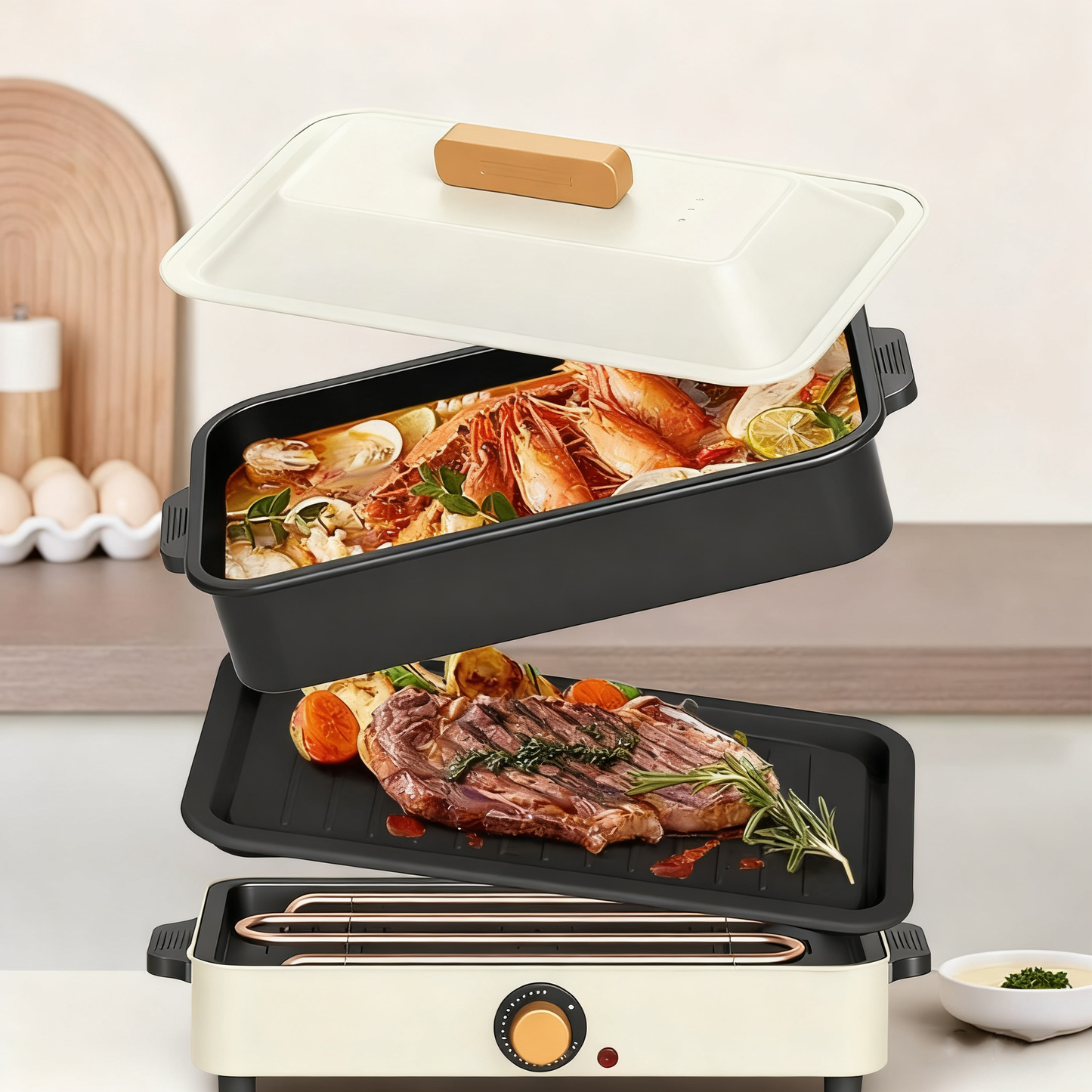 Multi-Functional Electric Grill and Hot Pot with Grilling Rack, 800W, 3L, 4–5 People, White / Red