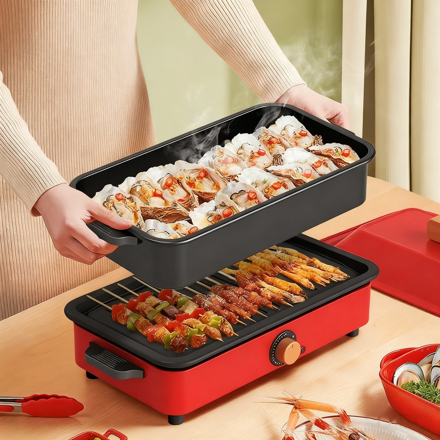 Multi-Functional Electric Grill and Hot Pot with Grilling Rack, 800W, 3L, 4–5 People, White / Red