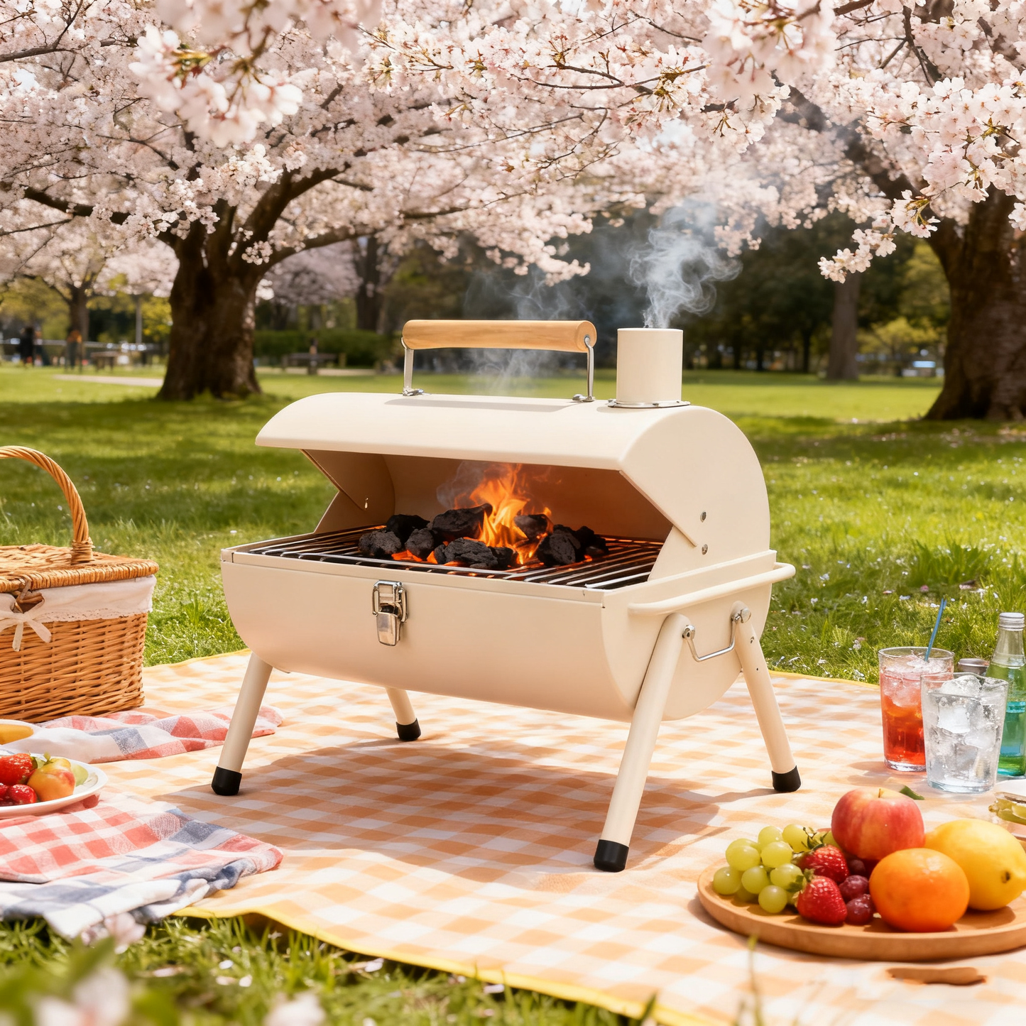 Multi-Functional Portable Outdoor Charcoal BBQ Grill with Double-Sided Grilling Rack, Foldable Design, 5+ People, Black / White