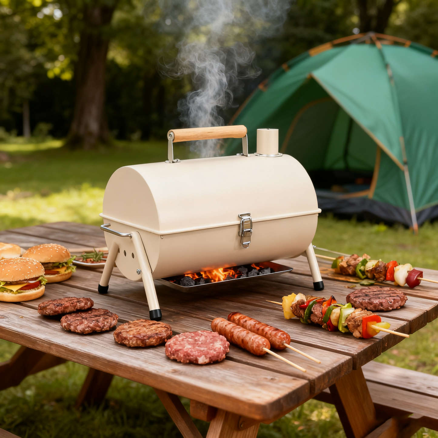 Multi-Functional Portable Outdoor Charcoal BBQ Grill with Double-Sided Grilling Rack, Foldable Design, 5+ People, Black / White