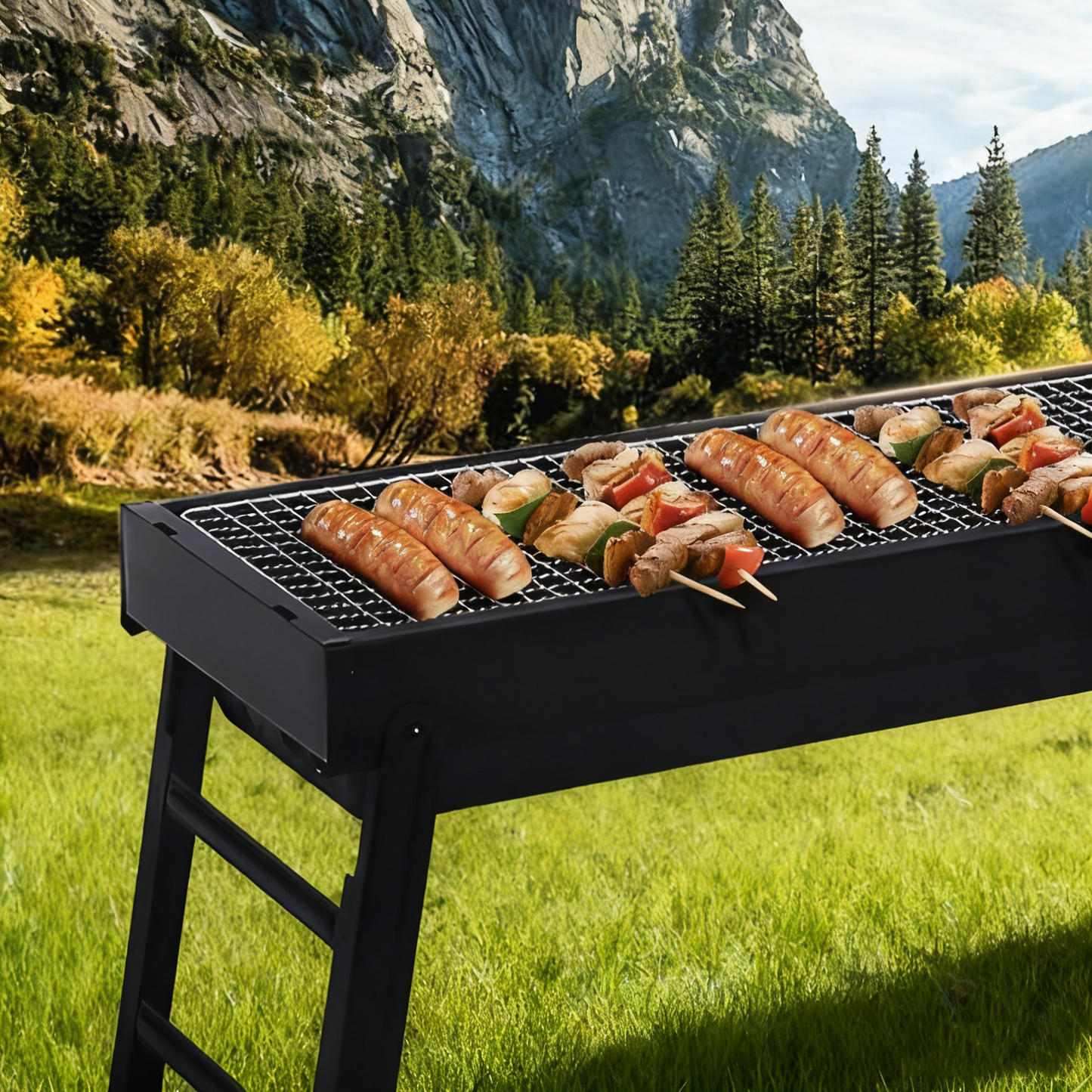 Multi-Functional Portable Foldable Outdoor Charcoal BBQ Grill with Removable Grilling Rack, 3–5 People, Black / White