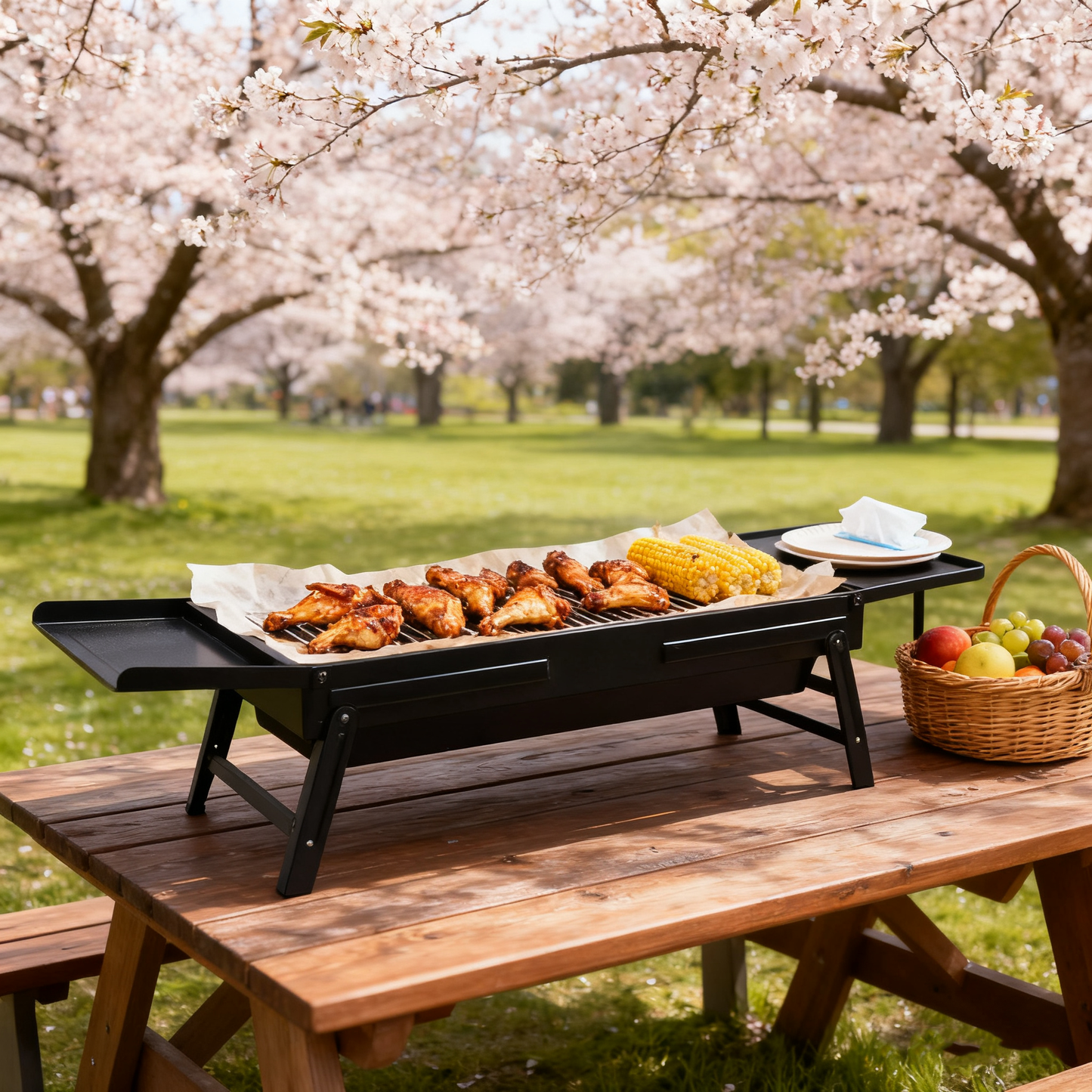 Multi-Functional Portable Foldable Outdoor Charcoal BBQ Grill with Removable Grilling Rack, 3–5 People, Black / White