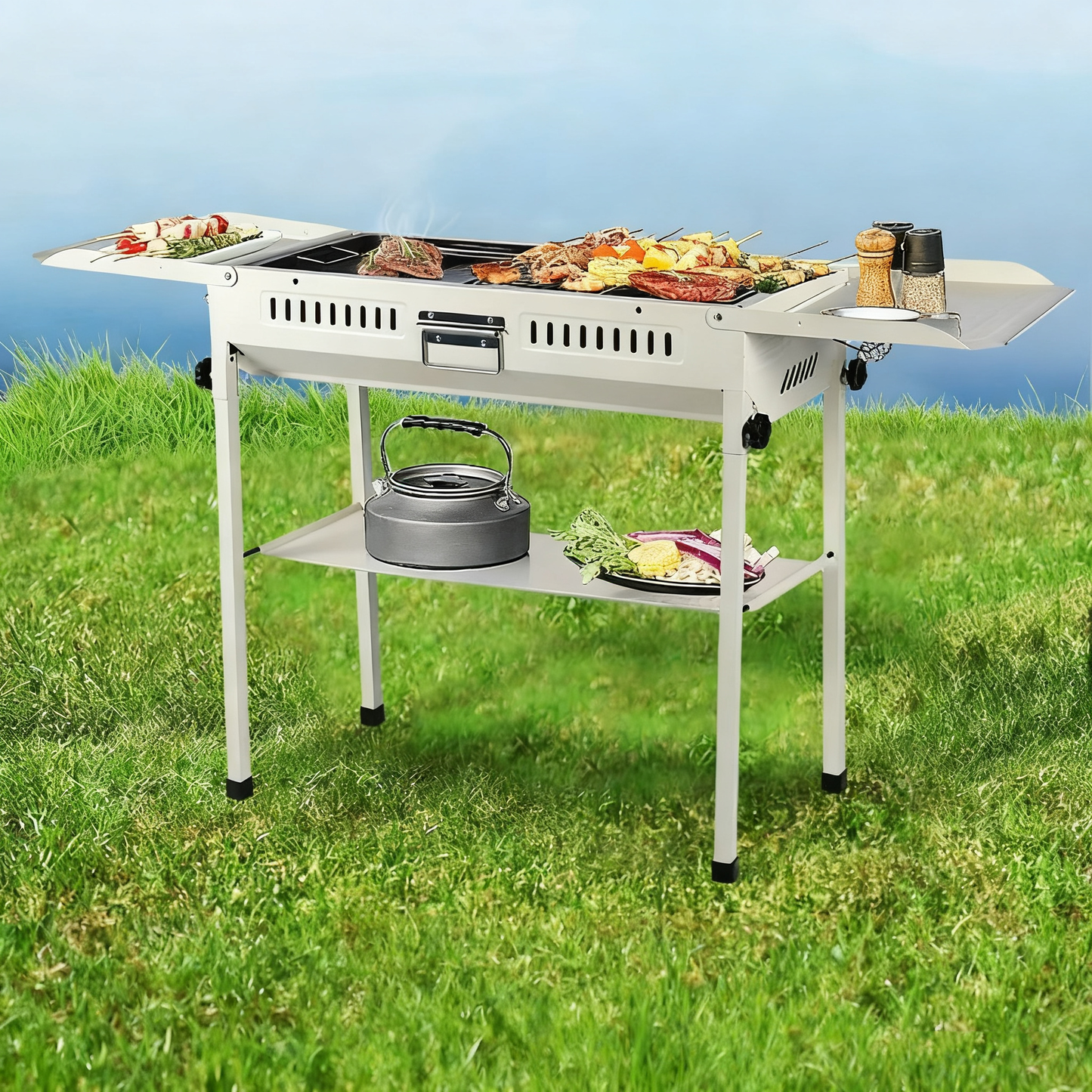 Large Portable Foldable Outdoor Charcoal BBQ Grill, Multi-Functional, Removable Design, 5+ People, Black / White