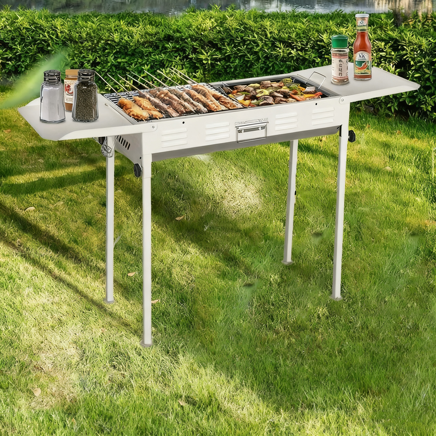 Large Portable Foldable Outdoor Charcoal BBQ Grill, Multi-Functional, Removable Design, 5+ People, Black / White