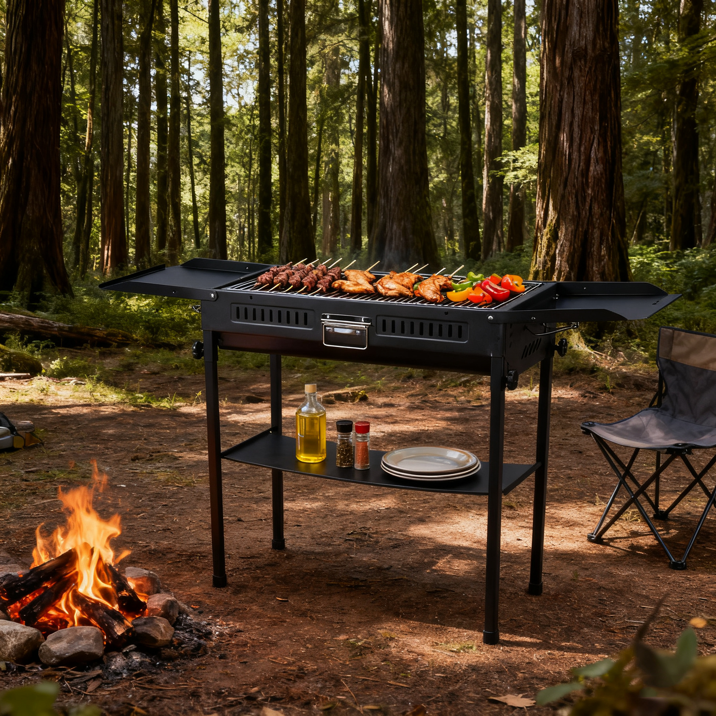 Large Portable Foldable Outdoor Charcoal BBQ Grill, Multi-Functional, Removable Design, 5+ People, Black / White