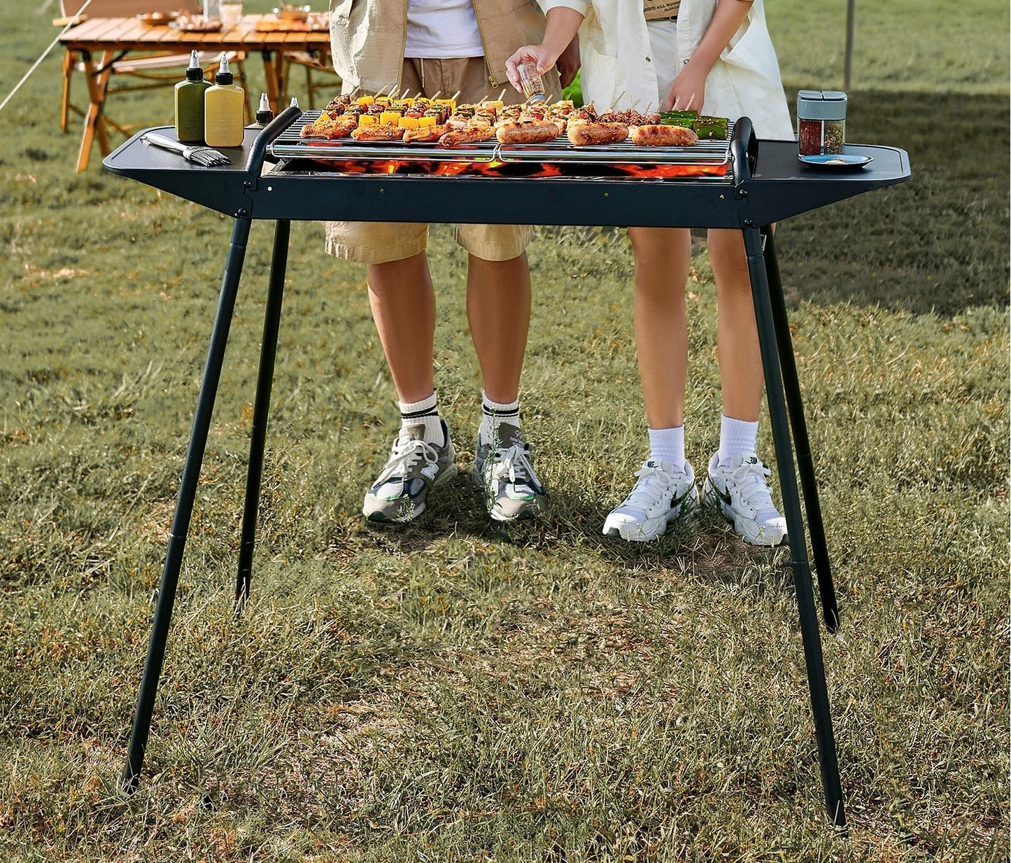 Multi-Functional Portable Outdoor Charcoal BBQ Grill with Grilling Rack, Foldable Fire Pit, Black / White